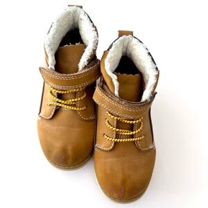 Kids Tan faux leather Boots with White faux Sherpa style Lining